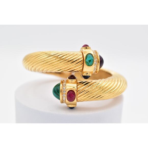 Givenchy Vintage Cabochon Bangle Bracelet Hinged Cable Chunky Brushed Gold Bin7 - Picture 1 of 12